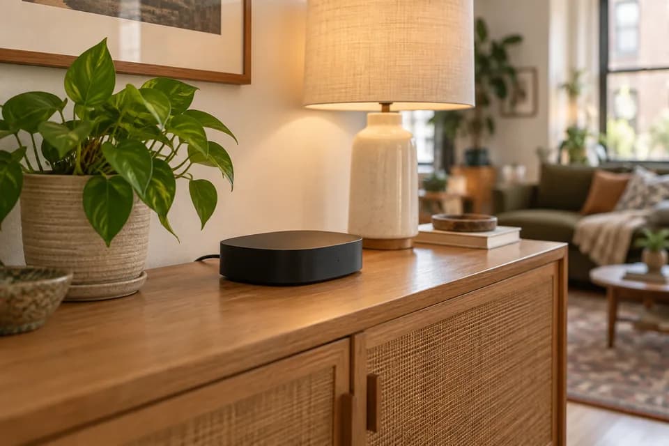 Illustrative home automation hub on an oak sideboard beside a lamp
