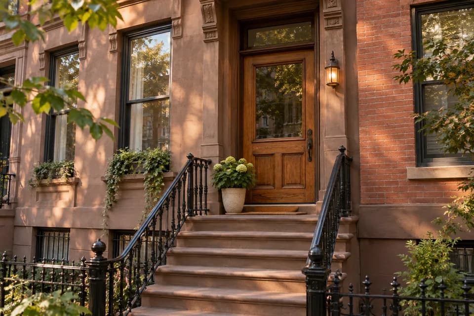 Illustrative brownstone entrance with a wooden door and welcoming porch light