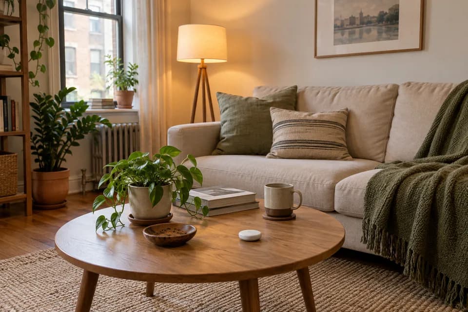 Illustrative apartment with portable lighting and a small wireless remote