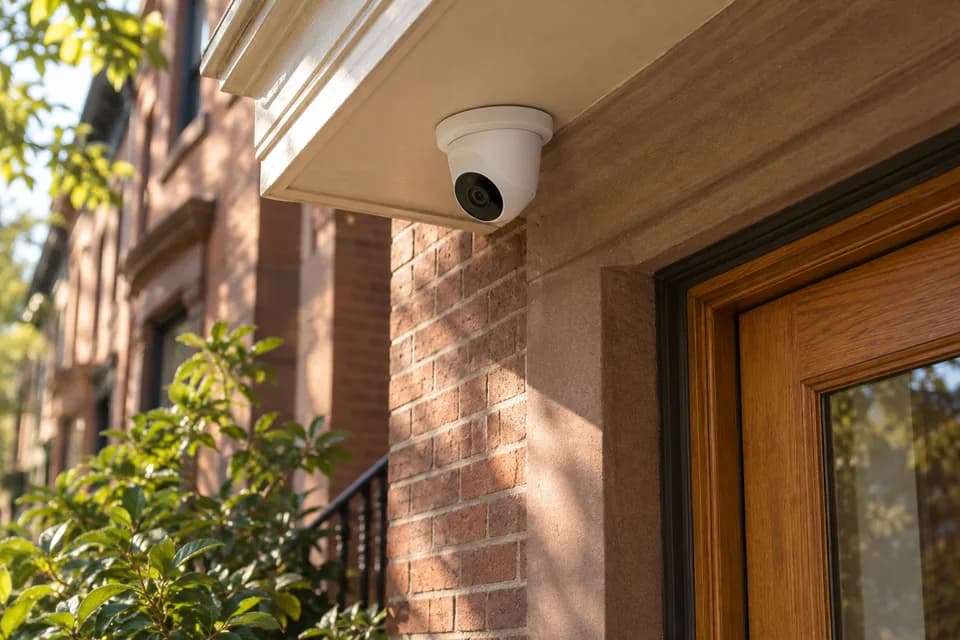Illustrative security camera mounted above a brick entry