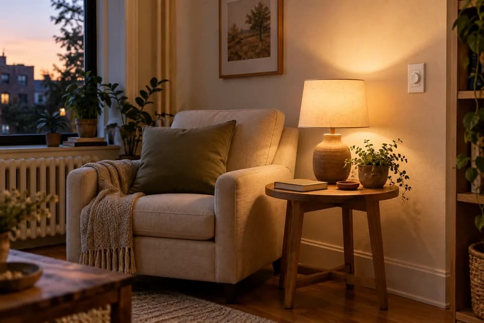 Illustrative reading corner with warm lighting and a wall dimmer