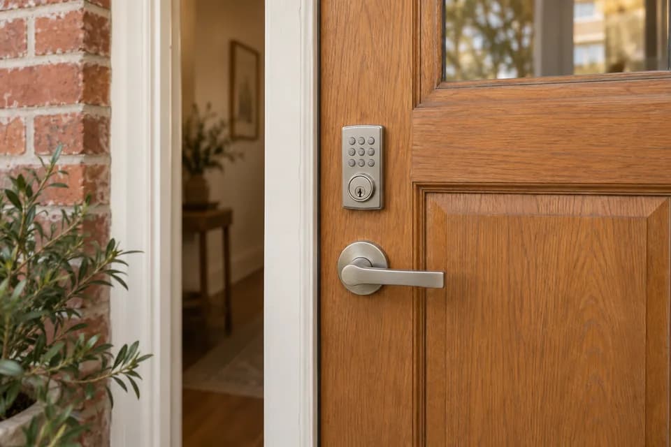 Illustrative keypad smart lock and lever handle on a wooden front door