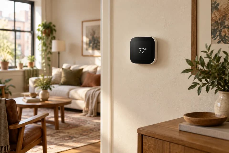 Illustrative smart thermostat on a cream wall beside a comfortable living room