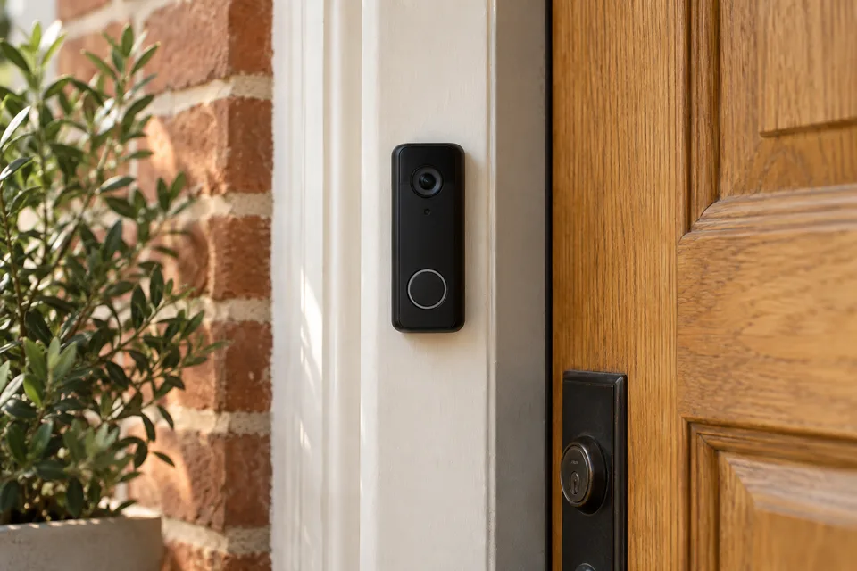 Illustrative video doorbell mounted beside an oak entry door