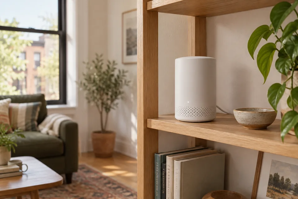Illustrative mesh Wi-Fi router on an open oak shelf