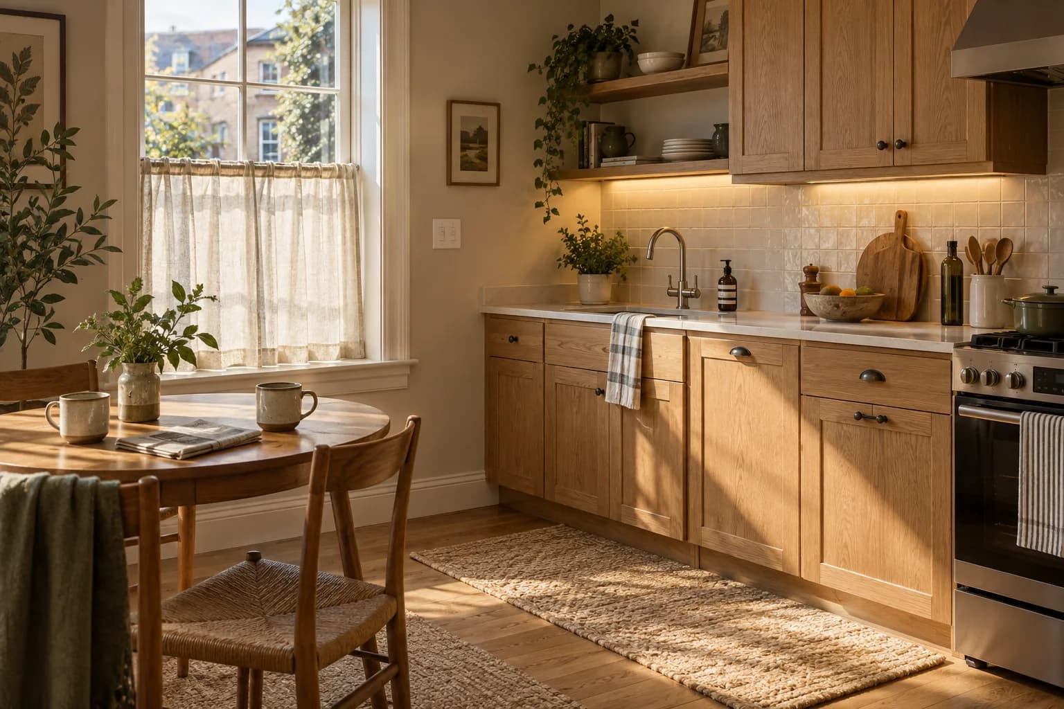 Illustrative kitchen with warm task lighting and morning sunlight