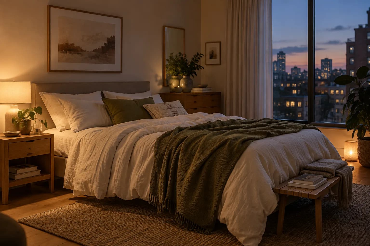 Illustrative bedroom at dusk with soft bedside lighting