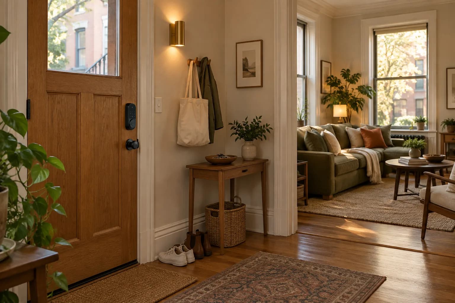 Illustrative apartment entry opening into a welcoming living room
