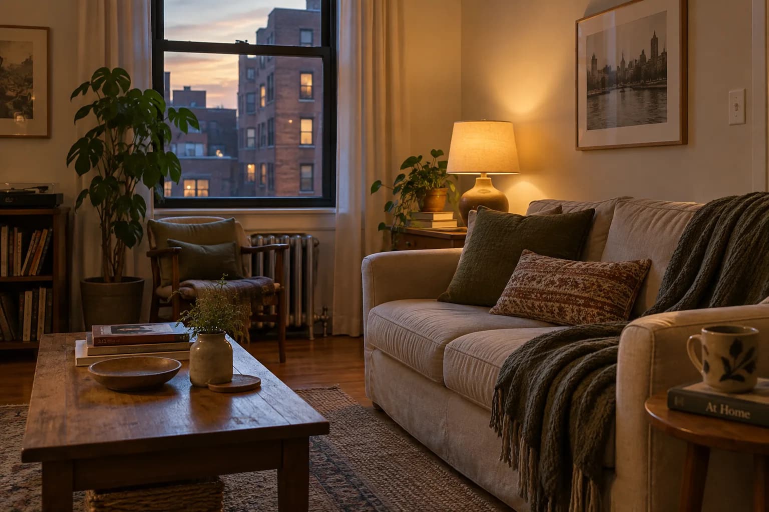 Illustrative apartment at dusk with a softly lit lamp and comfortable sofa